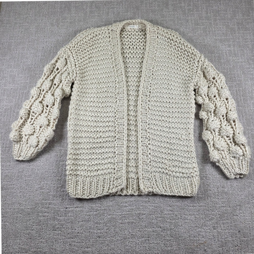 Amaryllis Cream Chunky Knit Bobble Sleeve Open Cardigan Sweater Womens M/L Boho